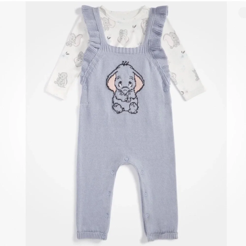 Disney‎ Baby Dumbo Blue Knit Ruffle Overalls Romper 12M